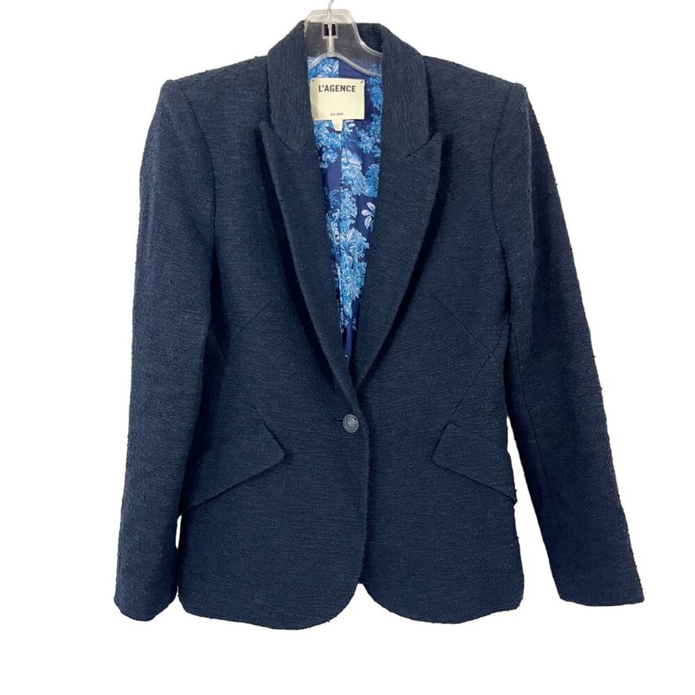 L'Agence‎ Chamberlain Cotton Blend Boucle Tweed Blazer Jacket Navy Blue - Size 4
